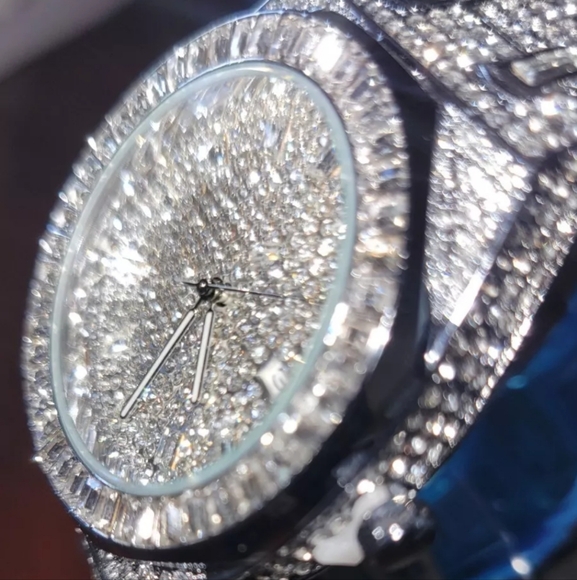 Mens Full Covered Iced Out Round & Baguette Bling Simulated Diamond Quartz Watch - Picture 9 of 13